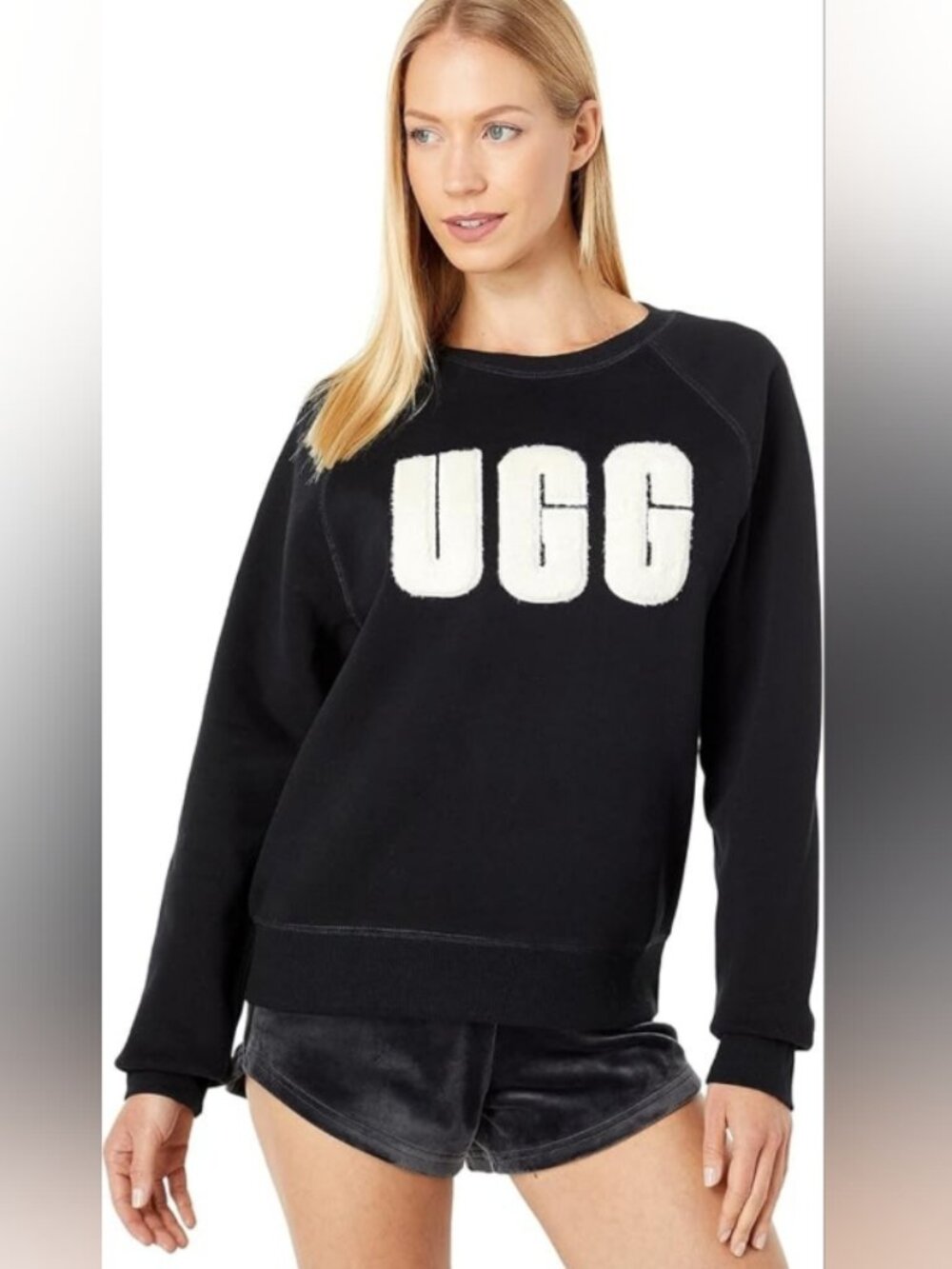 UGG Women’s Black Crewneck Sweatshirt with White Fuzzy Fleece Logo (Small)